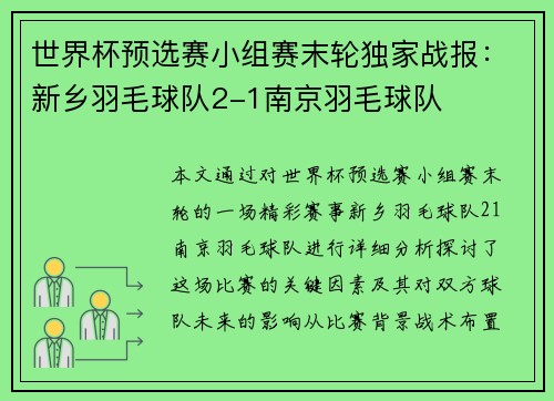 世界杯预选赛小组赛末轮独家战报：新乡羽毛球队2-1南京羽毛球队